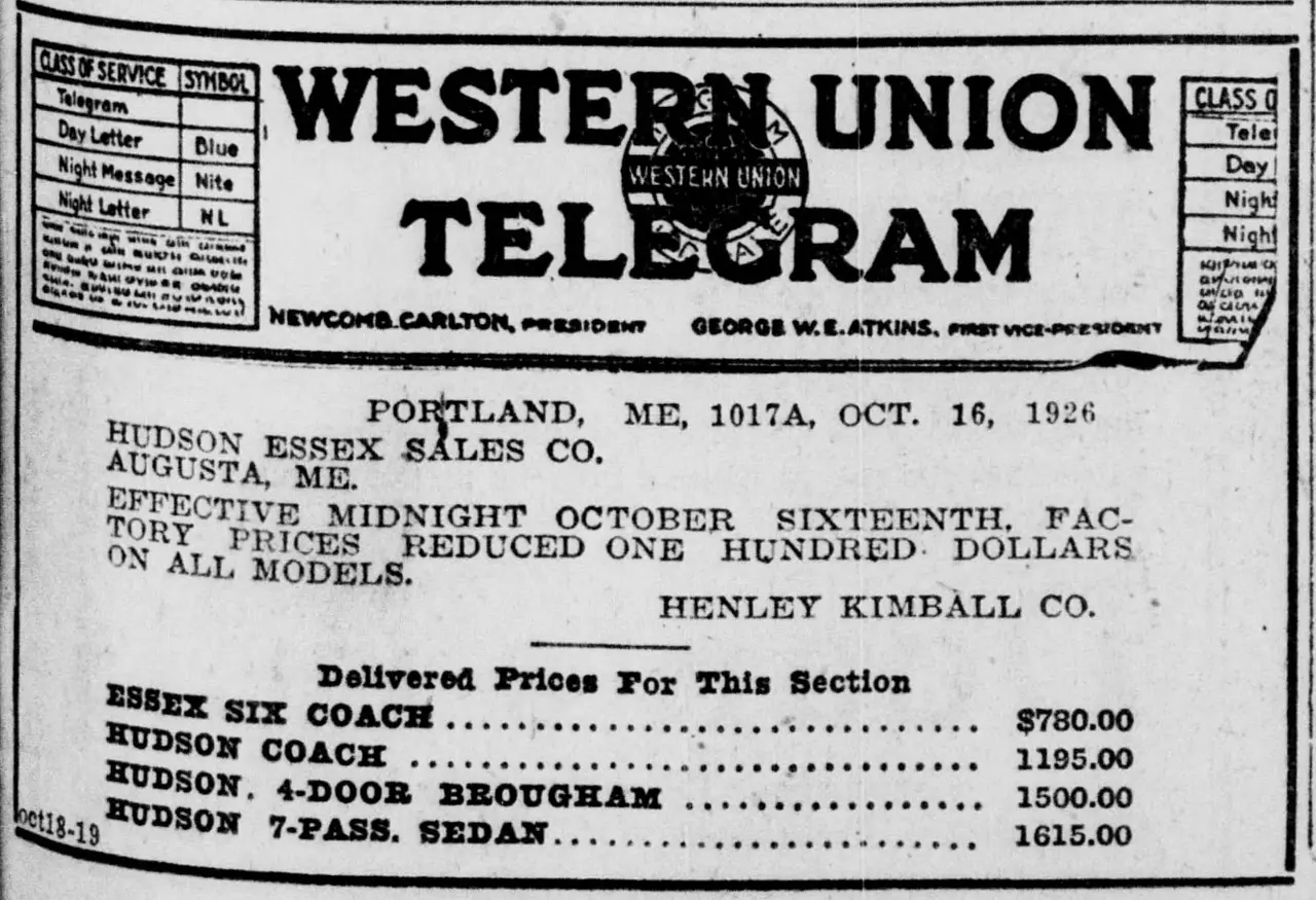 Advertisement styled as a Western Union telegram form, announcing a price reduction on all car models, followed by a list of car models with their [unclear word] prices.