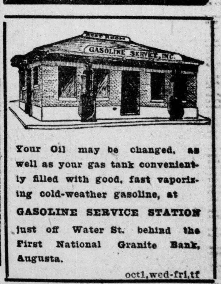Advertisement with a line drawing of a one-story [unclear words] building with gas pumps in front and a sign on its facade, above several lines of text about oil changes and gasoline.