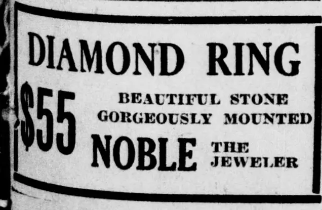 Text-only advertisement in a box, announcing a diamond [unclear word] at a stated price, with lines describing [unclear words] and its mounting, followed by a jeweler's name.
