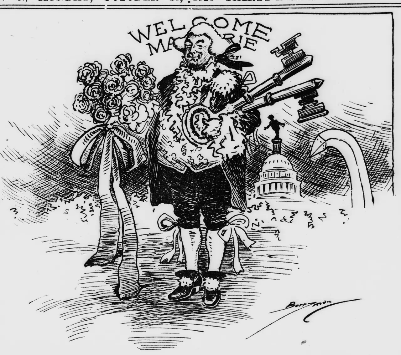 Cartoon showing a man in knee breeches, ruffled collar and buckled shoes carrying a large bouquet of roses and two oversized keys, with the Capitol dome in the background and the words "WELCOME MARIE" arched overhead.