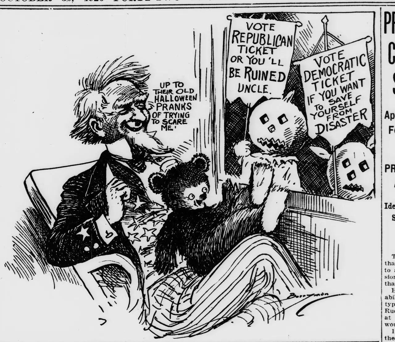 Editorial cartoon showing Uncle Sam seated with a bear cub in his lap, saying "Up to their old Halloween pranks of trying to scare me," while outside the window two figures with jack-o'-lantern heads hold up banners reading "Vote Republican ticket or you'll be ruined uncle" and "Vote Democratic ticket if you want to save yourself from disaster."