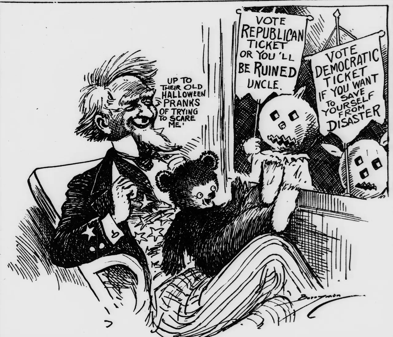 Cartoon showing a seated man in a star-patterned suit with a small bear beside him, saying "Up to their old Halloween pranks of trying to scare me!" as figures with pumpkin heads appear at the window holding banners reading "Vote Republican ticket or you'll be ruined uncle" and "Vote Democratic ticket if you want to save yourself from disaster."