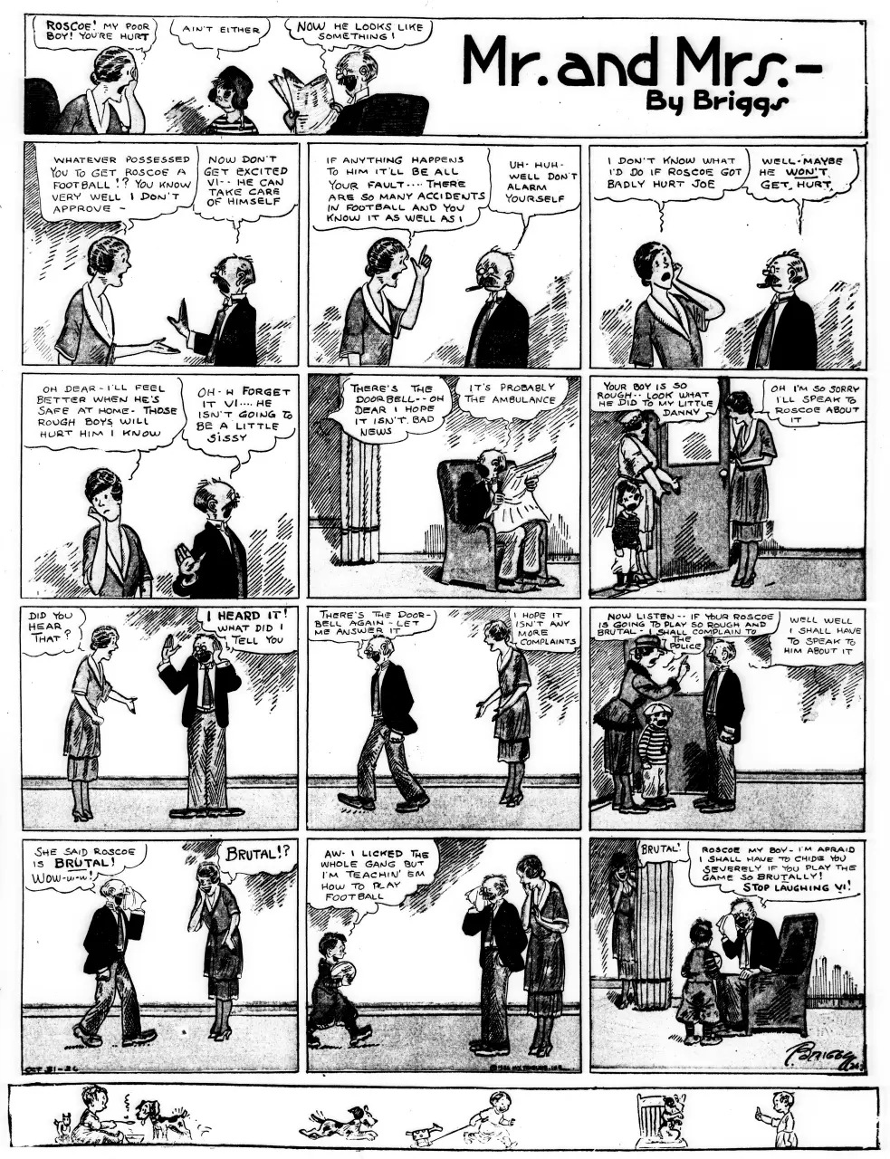 Full-page comic strip titled "Mr. and Mrs." in which a woman and a man argue in a series of panels about their son playing football, answer the door to a neighbor's complaint, and finally face the boy holding a football, with a small decorative strip of children and dogs at the bottom.