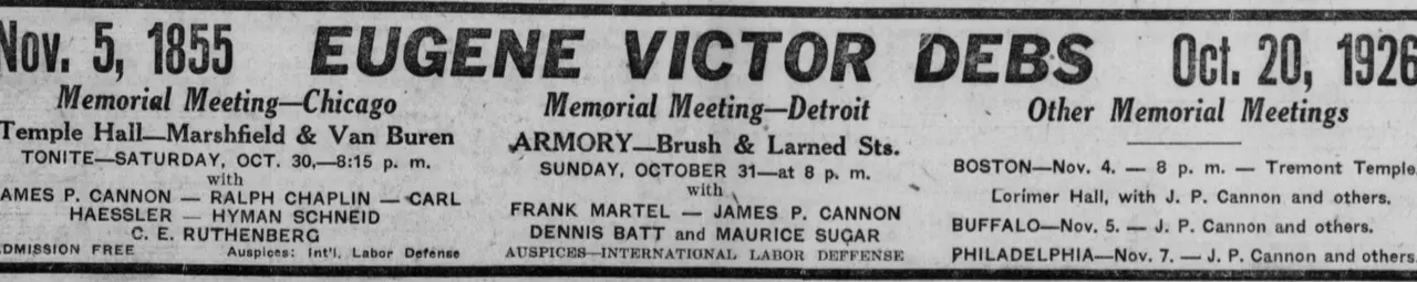 Newspaper advertisement announcing memorial meetings for a named man, with his birth and death dates in large type at left and right of his name across the top, and three columns below listing meeting halls, street locations, dates, times, and the speakers taking part.