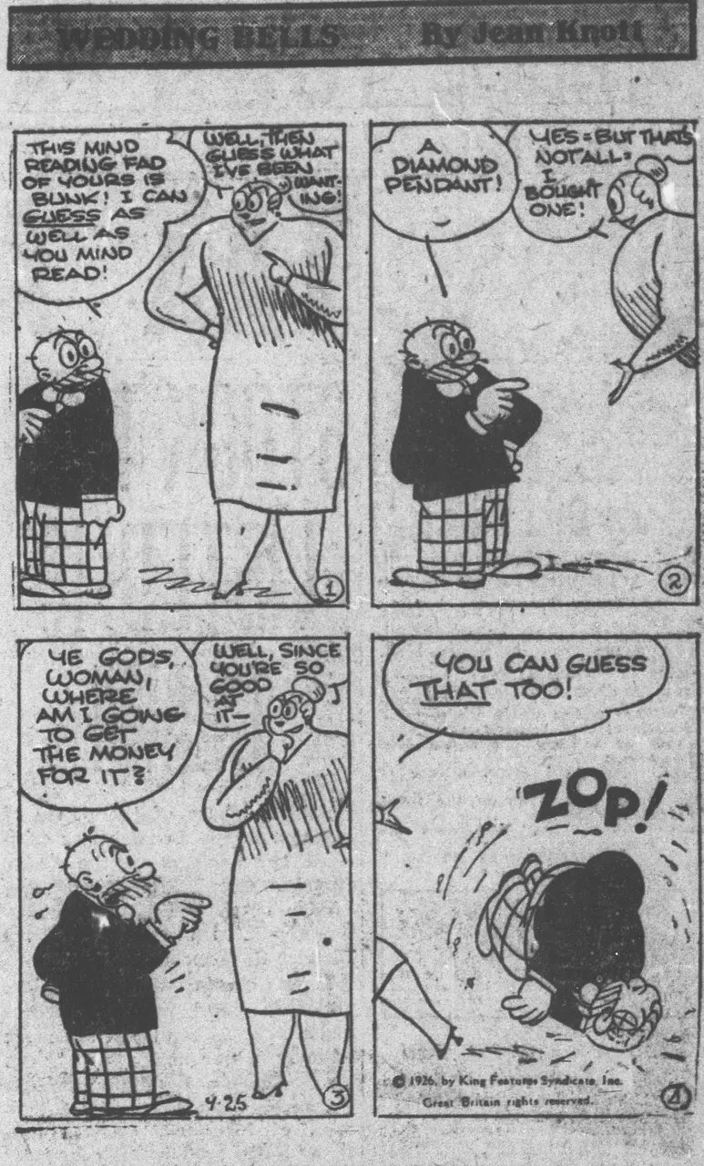 Four-panel comic strip, titled at top with the strip's name and the artist's credit, in which a short bald man in a dark jacket and checked trousers argues with a taller woman, ending with the man knocked down amid motion lines and a large sound-effect word.