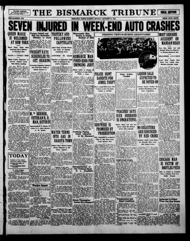 Page 1 of the The Bismarck Tribune, the story outlined