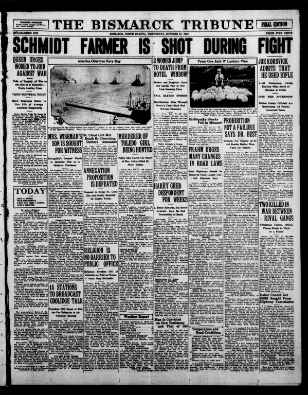 Page 1 of the The Bismarck Tribune, the story outlined