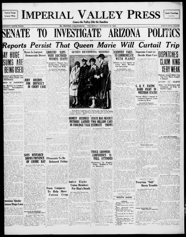 Page 1 of the Imperial Valley Press, the story outlined